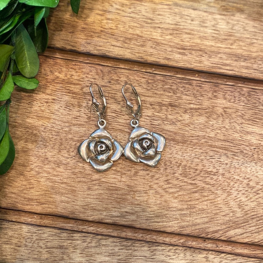 Sterling Silver Rose, Floral dangle earrings